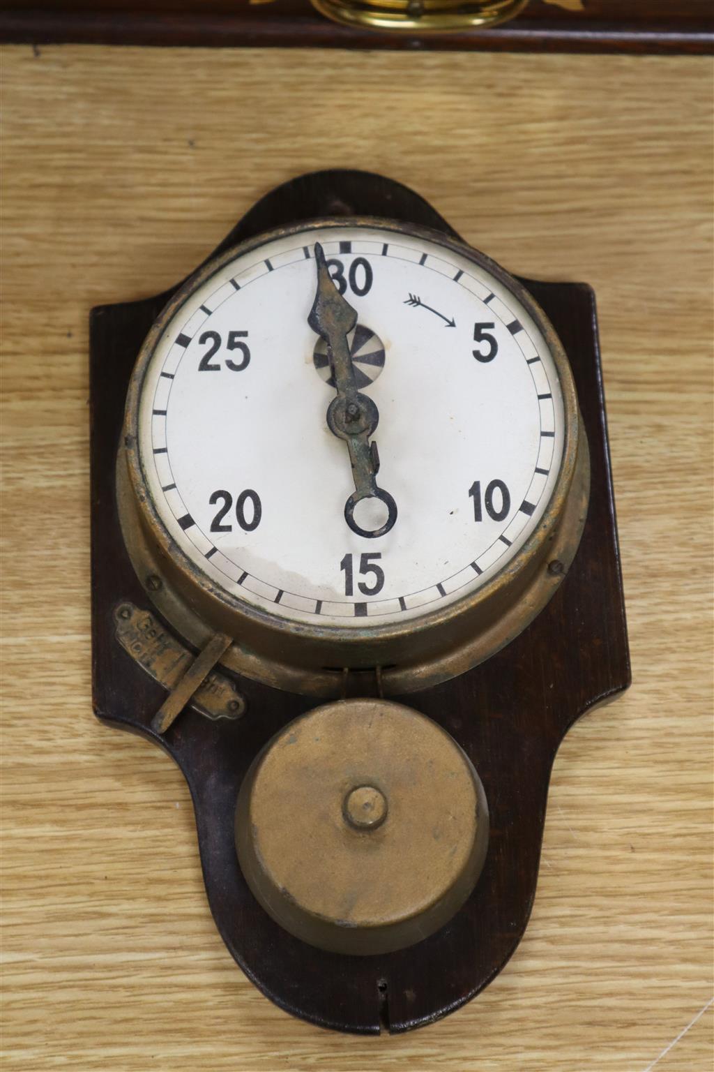 A late Victorian oak stationery casket, height 20cm width 30cm, and a vintage clockwork timer